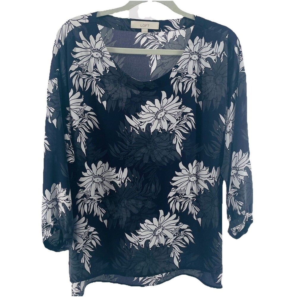 Ann Taylor Loft Chiffon Floral Blouse Women Medium 3/4 Sleeve Flowy Lightweight